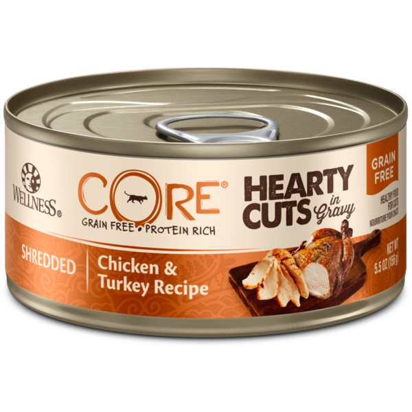 Wellness CORE Grain Free Hearty Cuts Shredded Chicken & Turkey Canned Food for Adult Cats