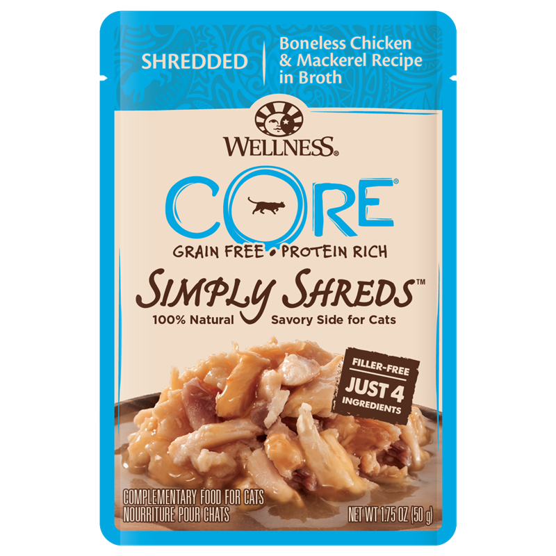 Wellness CORE Grain Free Simply Shreds Chicken Mackerel Pouches for Adult Cats Whiskers Holistic Petcare