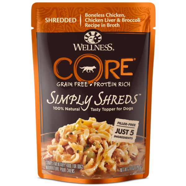 Wellness CORE Grain Free Simply Shreds Chicken, Chicken Liver & Broccoli Pouches for Adult Dogs