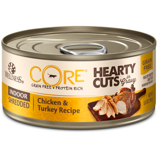 Wellness CORE Grain Free Hearty Cuts Indoor Shredded Chicken & Turkey Canned Food for Adult Cats