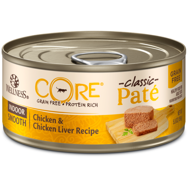 Wellness CORE Grain Free Indoor Chicken, Chicken Liver & Turkey Pate Canned Food for Adult Cats