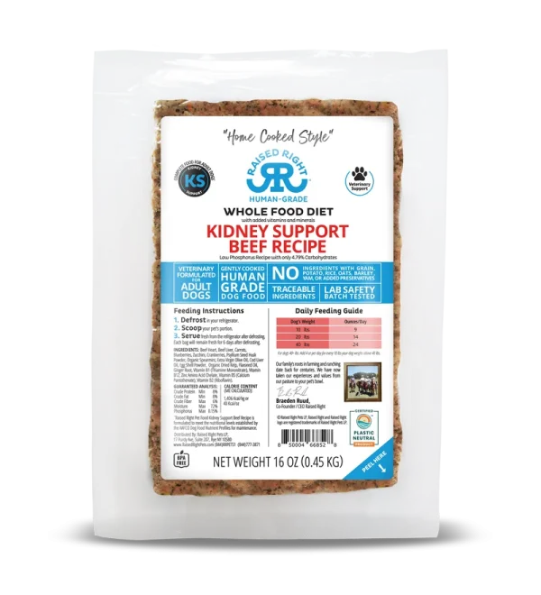 Raised Right Frozen Raw Beef Kidney Support for Dogs - 1lb